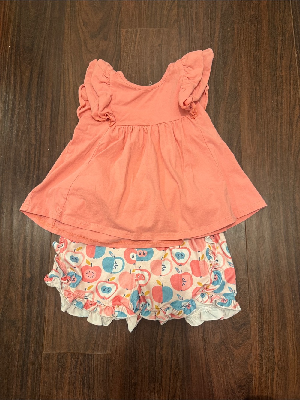 Coral Ruffle Sleeve Top and Fruit Print Shorts Set - Kids